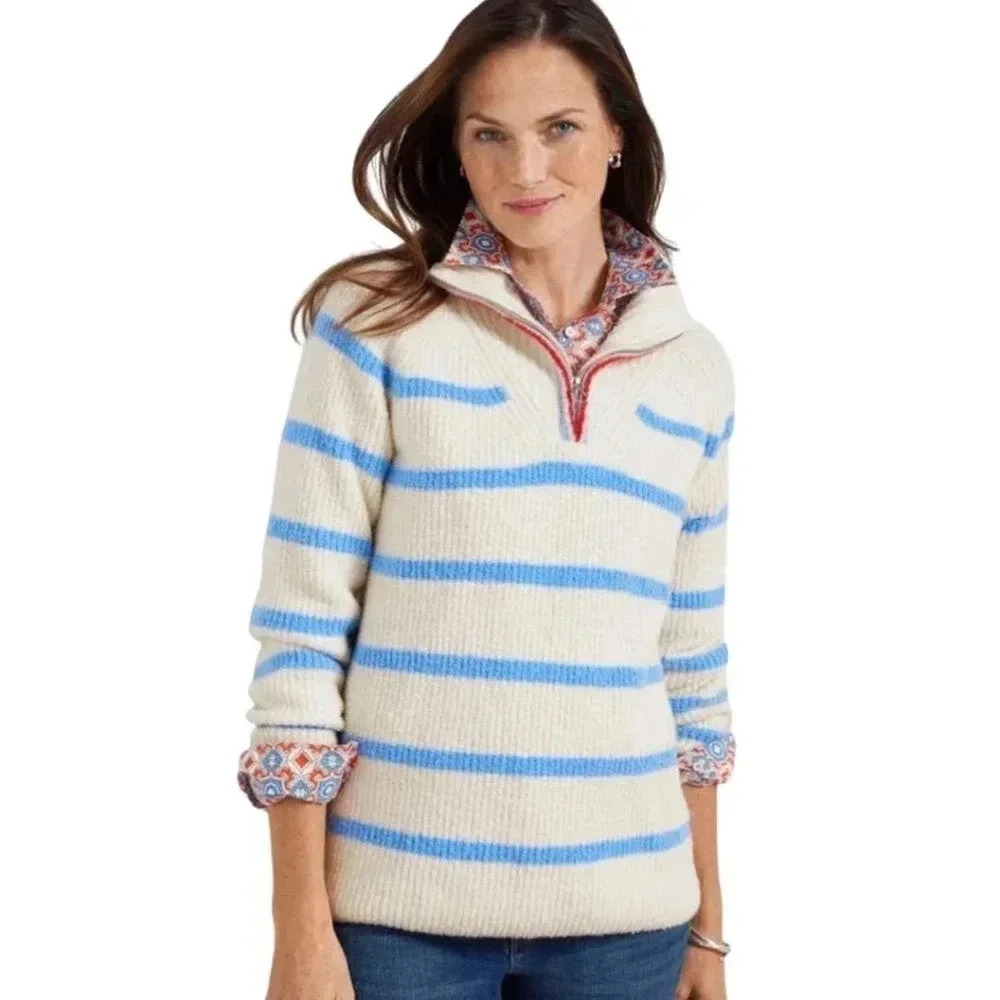 Talbots Boucle Half-Zip Pullover Breton Stripe Fuzzy Sweater Size Small Petite